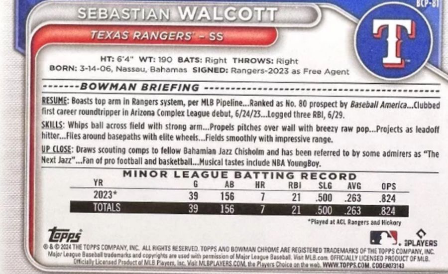 The 2024 Bowman Chrome Sebastion Walcott BCP-81